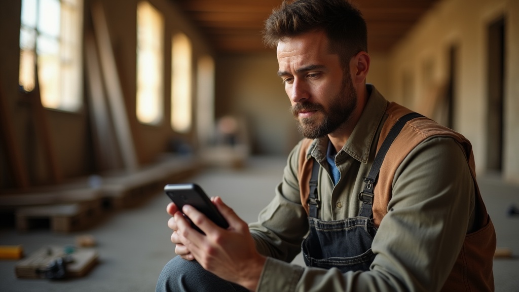 A diligent tradesperson sitting on a worksite, looking at their silent phone with a hopeful yet patient expression, as warm natural light filters through nearby windows, casting golden tones and gentle shadows across their face and surroundings. The scene captures a candid, human moment of anticipation, emphasizing the quiet waiting for an important call, with tools and work materials subtly present in the background. The atmosphere feels genuine and relatable, highlighting the everyday reality of tradespeople awaiting customer contact. Shot on Canon EOS R5, 50mm f/1.4, cinematic depth of field. Warm natural lighting, golden tones, soft shadows. 8K resolution, film-like quality, subtle grain. Authentic candid moment, documentary-style. EXCLUDE: text, words, letters, numbers, logos, signs, labels, watermarks, captions, titles, headlines, speech bubbles, any written content. Also exclude: posed stock photo looks, harsh lighting, cold tones, cartoons, illustrations, anime, cluttered backgrounds, generic corporate handshakes, artificial poses, overly saturated colors.