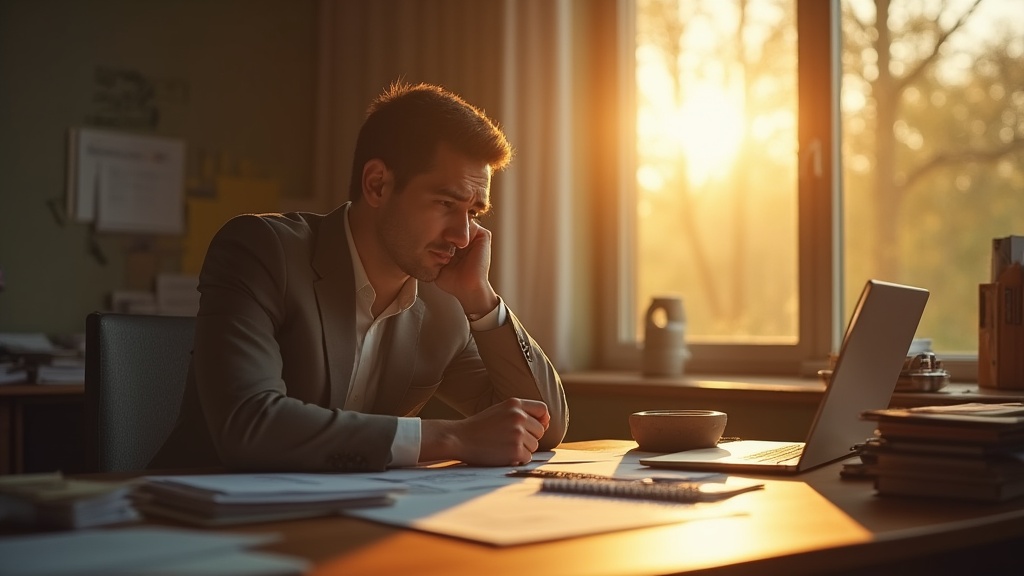 A focused close-up of an unhappy accountant sitting alone at a desk in a warmly lit office, anxiously waiting for the phone to ring, with a worried expression and a hand hovering over the phone receiver, soft golden hour natural light filtering through a window, casting gentle shadows, emphasizing a moment of anticipation and concern. The scene is captured with authentic candid realism, conveying the feeling of financial stress and impatience. Shot on Canon EOS R5, 50mm f/1.4, cinematic depth of field. Warm natural lighting, golden tones, soft shadows. 8K resolution, film-like quality, subtle grain. Authentic candid moment, documentary-style. EXCLUDE: text, words, letters, numbers, logos, signs, labels, watermarks, captions, titles, headlines, speech bubbles, any written content. Also exclude: posed stock photo looks, harsh lighting, cold tones, cartoons, illustrations, anime, cluttered backgrounds, generic corporate handshakes, artificial poses, overly saturated colors.
