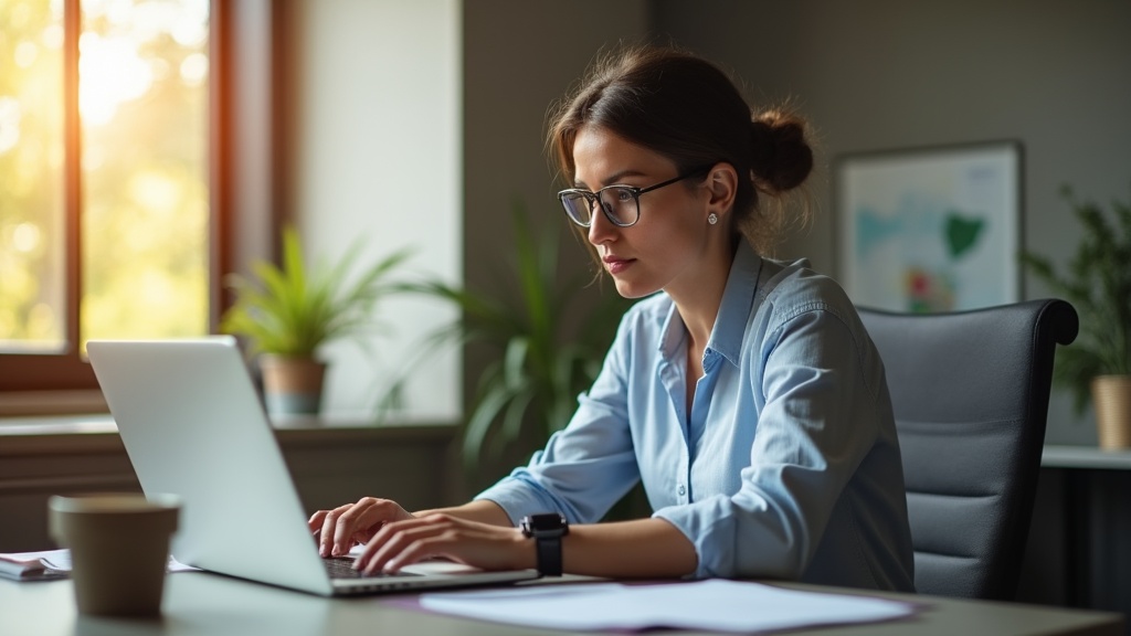 A professional businessperson seated at a sleek desk in a modern office, attentively reviewing their digital calendar and email follow-up schedule on a laptop, with a focused and thoughtful expression. Warm natural light filters through nearby windows, casting soft golden tones and gentle shadows across the scene. The environment exudes a calm, professional atmosphere, emphasizing organization and strategic planning. Shot on Canon EOS R5, 50mm f/1.4, cinematic depth of field. Warm natural lighting, golden tones, soft shadows. 8K resolution, film-like quality, subtle grain. Authentic candid moment, documentary-style. EXCLUDE: text, words, letters, numbers, logos, signs, labels, watermarks, captions, titles, headlines, speech bubbles, any written content. Also exclude: posed stock photo looks, harsh lighting, cold tones, cartoons, illustrations, anime, cluttered backgrounds, generic corporate handshakes, artificial poses, overly saturated colors.