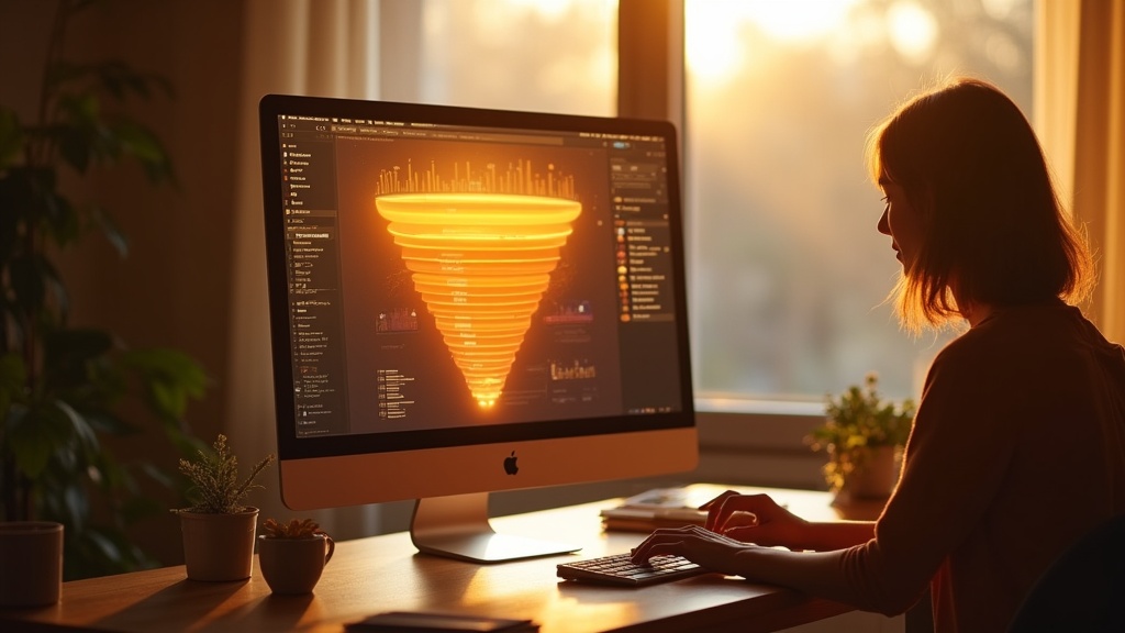 A warm, inviting digital workspace bathed in golden hour light filtering softly through a window, illuminating a modern desk with a high-resolution computer screen displaying a stylized digital conversion funnel visualization composed of layered, translucent shapes flowing smoothly downward, symbolizing user engagement and progression. The scene captures a human-centered, authentic moment with gentle shadows adding depth, featuring subtle reflections on the screen and textured surfaces around the workspace. The overall mood is inspiring and relatable, evoking the natural flow of digital interaction without any text or interface clutter, framed with cinematic depth of field to emphasize the funnel’s elegant form within a cozy, earthy-toned environment. Shot on Canon EOS R5, 50mm f/1.4, cinematic depth of field. Warm natural lighting, golden tones, soft shadows. 8K resolution, film-like quality, subtle grain. Authentic candid moment, documentary-style. EXCLUDE: text, words, letters, numbers, logos, signs, labels, watermarks, captions, titles, headlines, speech bubbles, any written content. Also exclude: posed stock photo looks, harsh lighting, cold tones, cartoons, illustrations, anime, cluttered backgrounds, generic corporate handshakes, artificial poses, overly saturated colors.