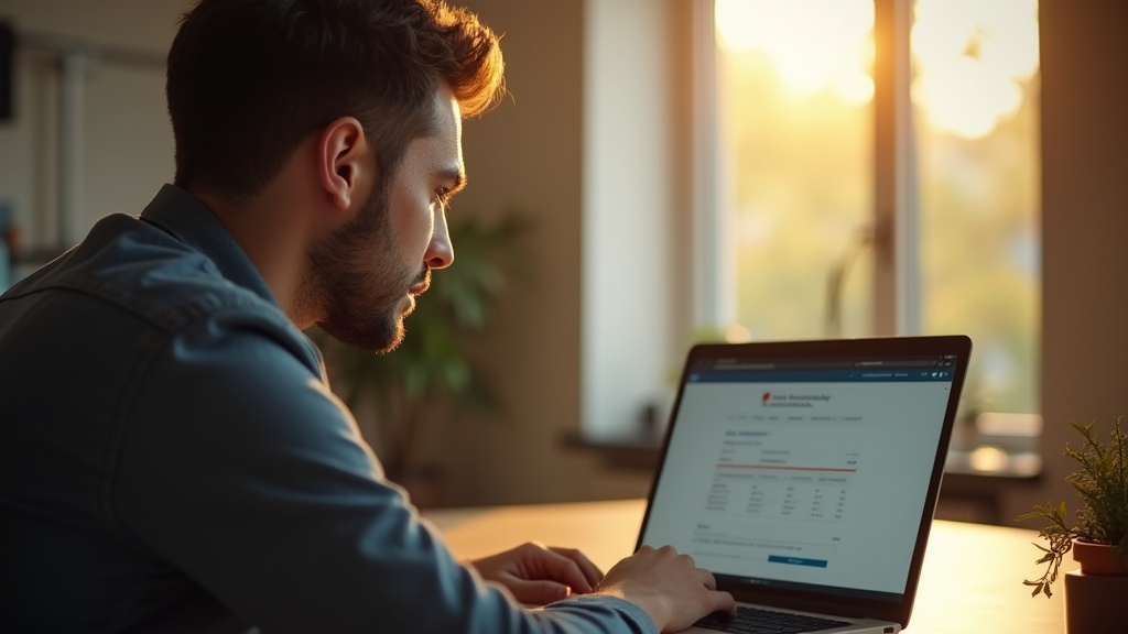 A close-up of a frustrated professional sitting alone at a desk, gazing at a laptop screen displaying a landing page with low conversion rates. The scene captures a candid moment of concern and focus, with warm natural light filtering through a nearby window, casting golden tones and gentle shadows. The background is softly blurred, emphasizing the individual's facial expression and the laptop. The setting exudes authenticity and human emotion, conveying the challenge of poor website performance. Shot on Canon EOS R5, 50mm f/1.4, cinematic depth of field. Warm natural lighting, golden tones, soft shadows. 8K resolution, film-like quality, subtle grain. Authentic candid moment, documentary-style. EXCLUDE: text, words, letters, numbers, logos, signs, labels, watermarks, captions, titles, headlines, speech bubbles, any written content. Also exclude: posed stock photo looks, harsh lighting, cold tones, cartoons, illustrations, anime, cluttered backgrounds, generic corporate handshakes, artificial poses, overly saturated colors.