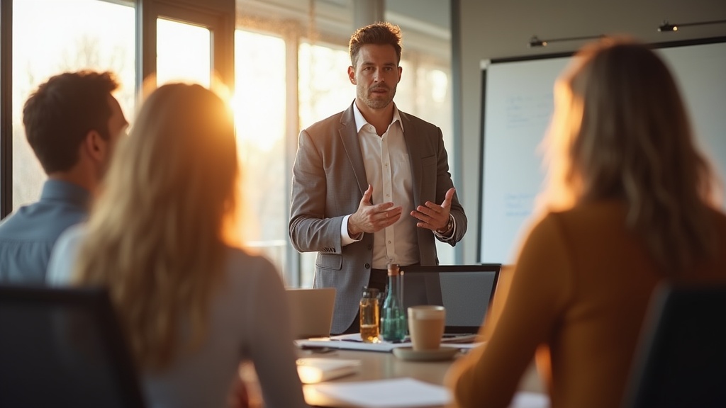 A professional team discussing strategies for lead conversion