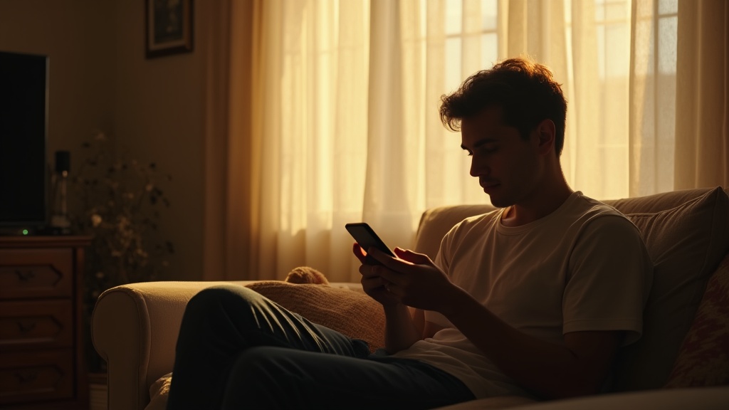A lonely customer sitting casually in their cozy lounge room, gazing thoughtfully at their smartphone with a subtle sense of introspection and solitude. The scene is illuminated by warm natural light filtering softly through the window, casting gentle gold tones and creating soft shadows that enhance the intimate atmosphere. The environment features comfortable furniture, personal touches, and a relaxed, authentic vibe, capturing a candid moment of quiet reflection. Shot on Canon EOS R5, 50mm f/1.4, cinematic depth of field. Warm natural lighting, golden tones, soft shadows. 8K resolution, film-like quality, subtle grain. Authentic candid moment, documentary-style. EXCLUDE: text, words, letters, numbers, logos, signs, labels, watermarks, captions, titles, headlines, speech bubbles, any written content. Also exclude: posed stock photo looks, harsh lighting, cold tones, cartoons, illustrations, anime, cluttered backgrounds, generic corporate handshakes, artificial poses, overly saturated colors.