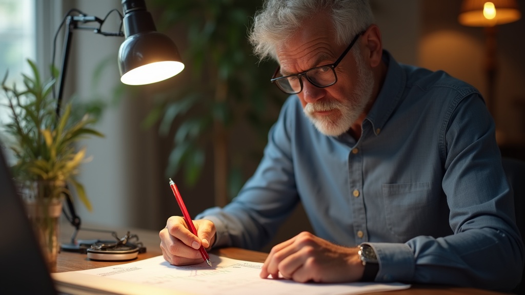 Business owner reviewing keyword list with red pen — negative keywords for google ads