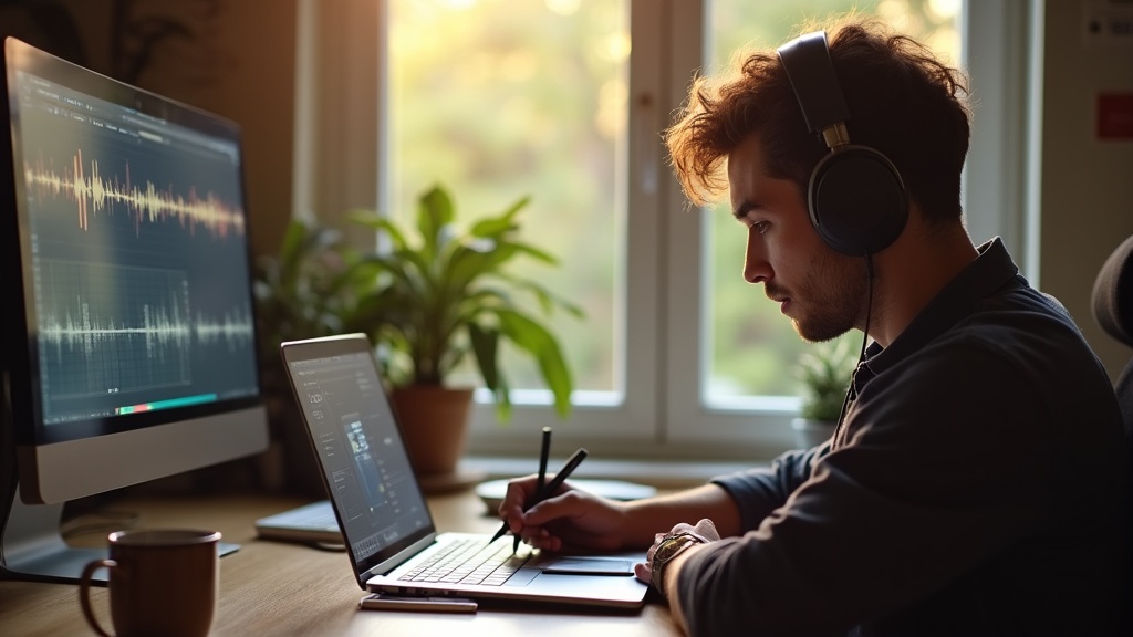Marketer reviewing sales call transcript with headphones — voice of customer advertising