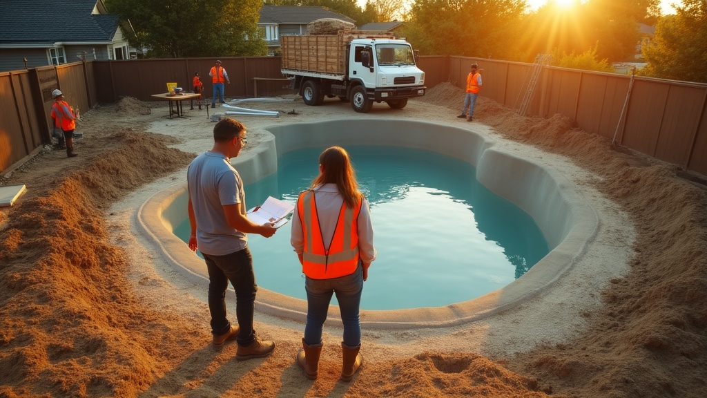 Pool builder reviewing plans at construction site — pool builders lead generation