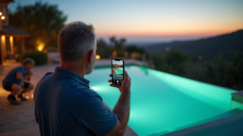 Pool builder filming completed project for social media — pool builders lead generation
